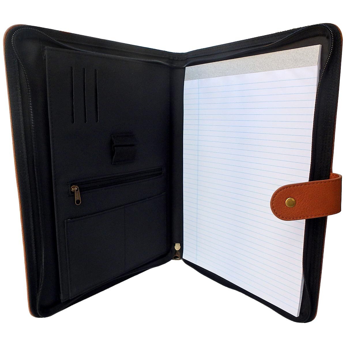 open zippered tan portfolio with snap closure and ruled paper pad